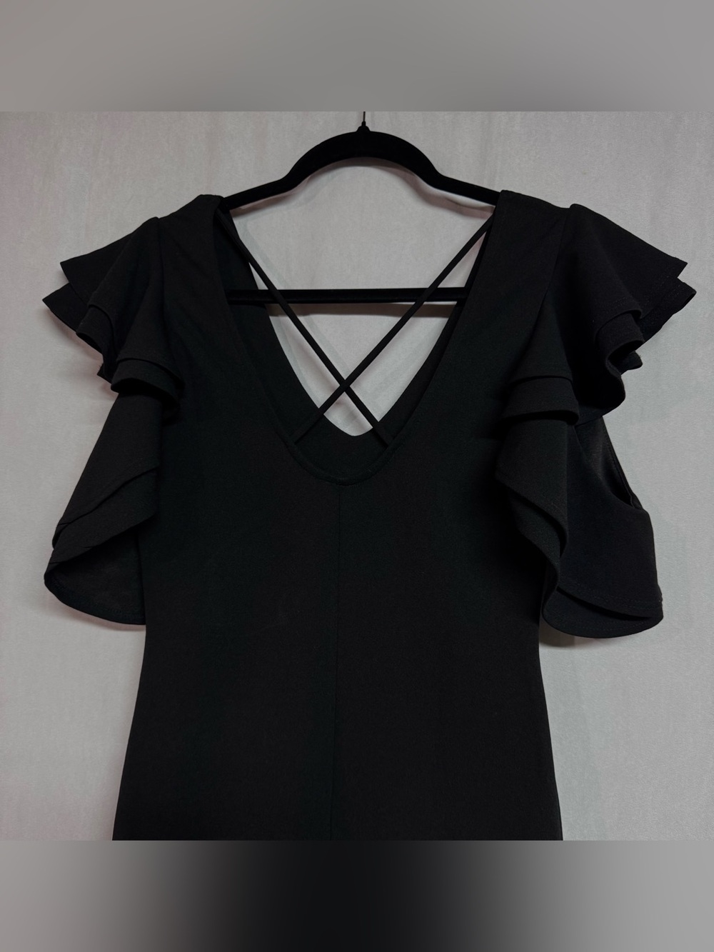 Black Ruffle Sleeve V-Neck Midi Dress - Picture 3 of 4